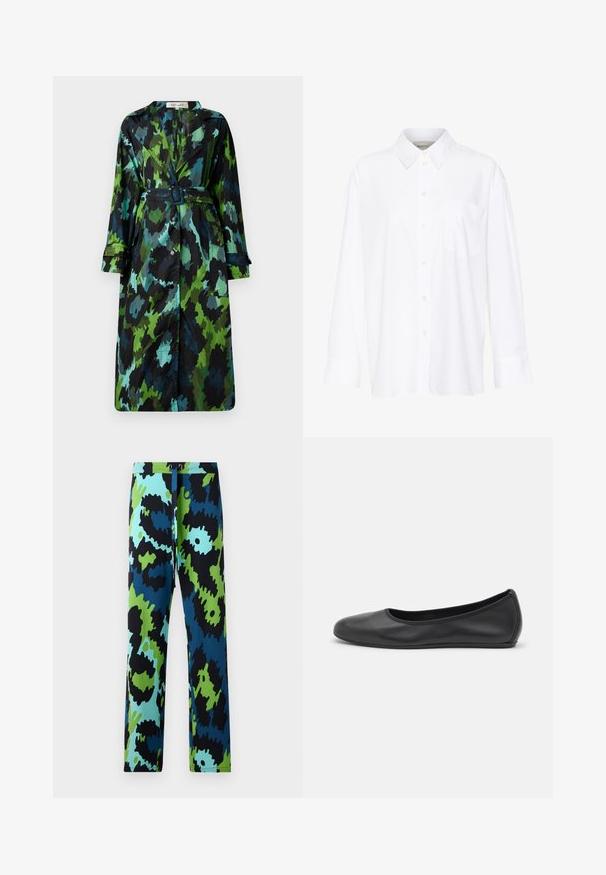 Long, lightweight trench coat featuring a green and black camo pattern, belted waist, button closure, and relaxed fit with large pockets.; White long-sleeve collared shirt made of cotton. Features a button-down front and a single chest pocket. Smooth texture, relaxed fit.; Multicolored pants featuring a bold abstract pattern in black, blue, and green. Made of smooth fabric with a drawstring waist.; Black leather ballet flat with a rounded toe, smooth texture, minimal stitching detail, and a flexible sole design.