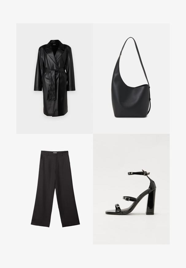 ONLY ONLBINA WRAP COAT - Veste en similicuir - black; Top sans manches noir en tissu lisse, avec un col rond et une coupe ajustée, sans motifs ni ornements apparents.; Pantalons larges noirs en tissu lisse, dotés d'une fermeture éclair à l'avant et de deux poches latérales, avec une coupe ajustée et un design minimaliste.; Sandales à talons vernies noires avec un bout carré, des sangles autour de la cheville et des boucles en argent. Dotées d'un talon bloc épais pour plus de stabilité.; Sac hobo en cuir noir avec une texture lisse, une forme incurvée et une seule sangle réglable ; dispose d'une large ouverture en haut.