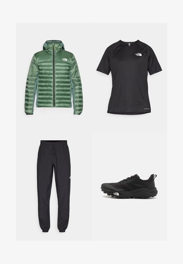 Casaco de penas verde com capuz, apresentando um design de matelassé, fecho frontal e destaques em contraste. Feito de material brilhante e leve.; Camisa atlética preta de manga curta com um tecido texturizado, apresentando um logotipo branco no peito esquerdo e uma bainha reta.; Calças atléticas pretas feitas de tecido leve, com um cós ajustável por cordão, bolsos laterais e punhos afunilados nos tornozelos.; Sapatilha de trail running preta com um upper texturizado, sola de borracha e biqueira reforçada. Possui um colarinho acolchoado e uma alça para facilitar o calçar.