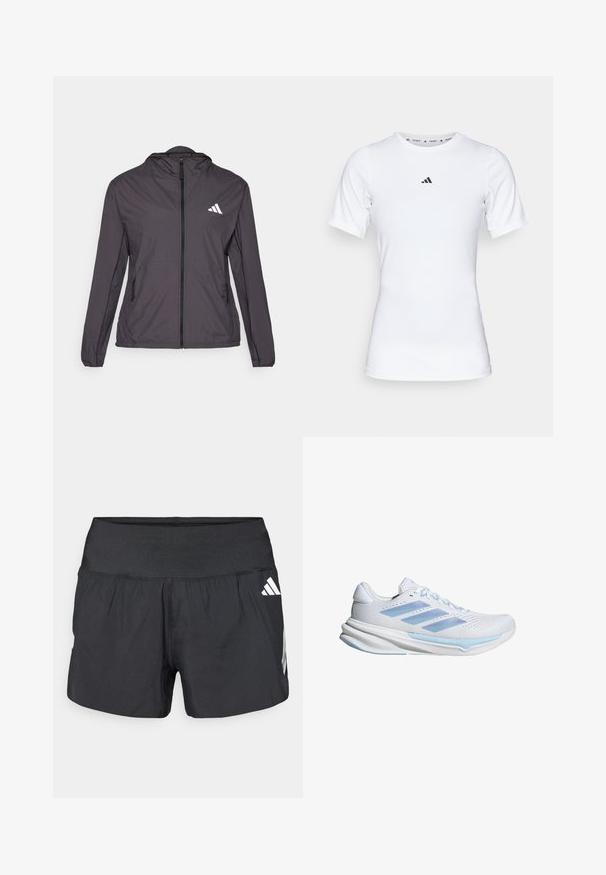 Kevyt, tummanharmaa vetoketjuki jacketi, jossa on huppu. Vasemmassa rinnassa valkoinen logo ja kaksi sivutaskua. Sileä tekstuuri.; Valkoinen urheilupaita lyhyillä hihoilla, valmistettu sileästä ja joustavasta kankaasta. Rinnassa on pieni musta Adidas-logo.; Musta urheilushortsit, joissa on leveä joustava vyötärönauha, kevyt kangas ja valkoiset logokoristeet alaosassa sivulla.; Valkoiset juoksukengät, joissa on vaaleansiniset yksityiskohdat, hengittävä verkko-osa, kolmiraitainen muotoilu, pehmustettu pohja ja teksturoitu pito-ulkopohja.