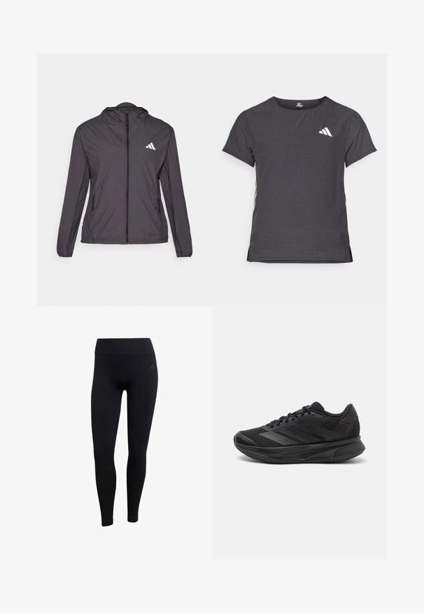 Lightweight, dark gray zip-up jacket with a hood, featuring a white logo on the left chest and two side pockets. Smooth texture.; Short-sleeve athletic t-shirt, dark gray with perforated texture. Features a white logo and contrasting side stripes. Rounded neckline.; Black athletic leggings made of stretchy fabric, featuring a high waistband, fitted design, and ribbed ankle cuffs. Subtle brand logo.; Black running shoe with a breathable mesh upper, rounded toe, sleek design, textured accents, and a cushioned sole for comfort.