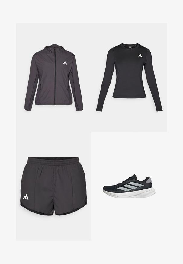 Veste légère à capuche de couleur gris foncé, zippée, avec un logo blanc sur la poitrine gauche et deux poches latérales. Texture lisse.; T-shirt de sport noir à manches longues en matériau lisse et extensible. Présente un logo blanc sur la poitrine. Design ajusté avec un col rond.; Shorts de sport noirs en tissu léger, dotés d'une taille élastique et d'un logo Adidas blanc en bas à gauche.; Baskets de course noires avec tige en mesh, trois rayures argentées, semelle intermédiaire blanche et semelle extérieure texturée. Comprend un col rembourré et un système de laçage.
