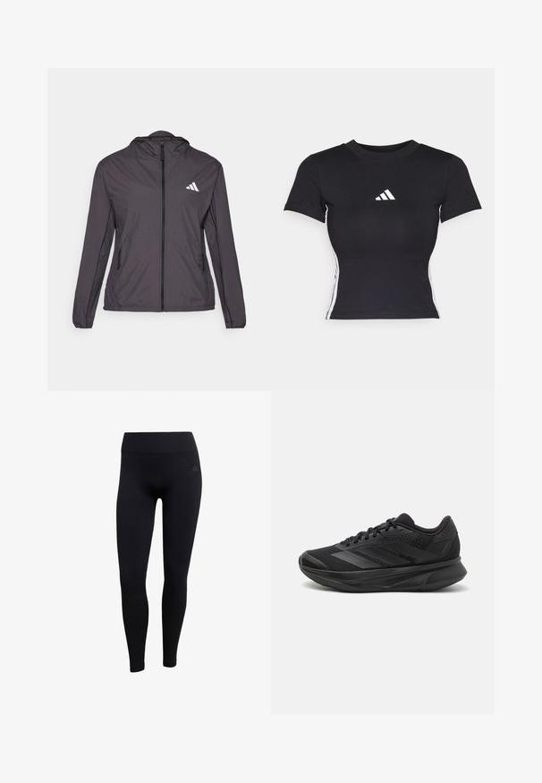 Leichte, dunkelgraue Zip-Jacke mit Kapuze, ausgestattet mit einem weißen Logo auf der linken Brust und zwei Seitentaschen. Glatte Textur.; Schwarzes, tailliertes T-Shirt aus glattem Stoff. Verfügt über kurze Ärmel und ein weißes Adidas-Logo auf der Brust. Weiße Streifen an den Seiten.; Schwarze sportliche Leggings aus dehnbarem Stoff, mit hohem Bund, enganliegendem Schnitt und gerippten Knöchelbündchen. Subtiles Markenlogo.; Schwarzer Laufschuh mit einem atmungsaktiven Mesh-Obermaterial, runder Zehenpartie, schlankem Design, strukturierten Akzenten und einer gepolsterten Sohle für Komfort.