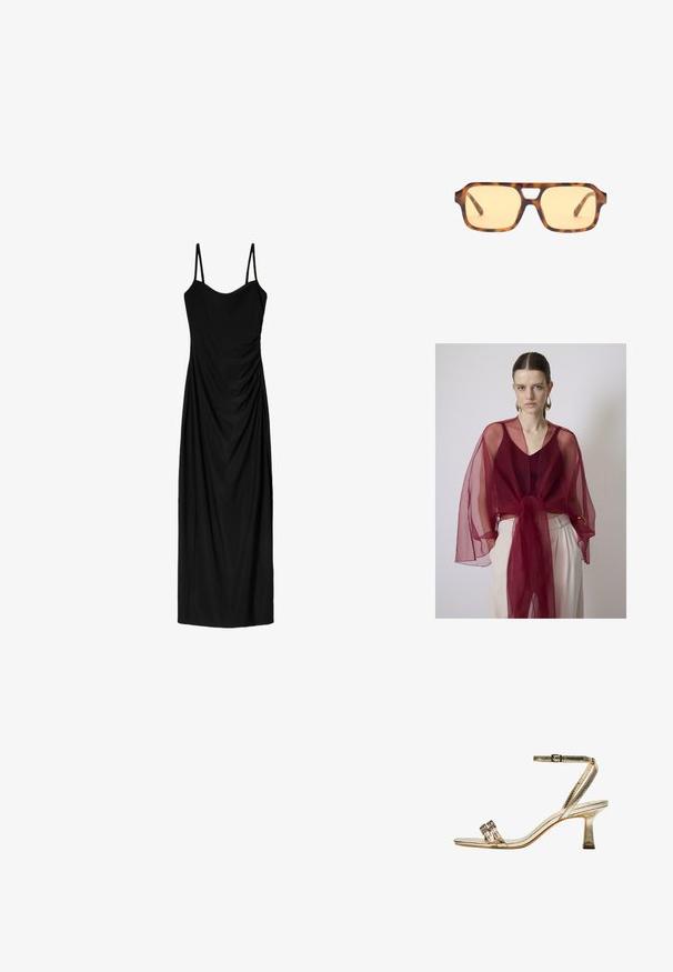 Palarie transparentă în nuanță burgundă, cu mâneci largi legată în talie, suprapusă peste un top burgund cu textură în carouri, asortată cu pantaloni de culoare crem.; Rochie midi neagră cu bretele subțiri ajustabile, având un design drapat și o textură netedă. Fără modele vizibile sau aplicații.; Sandală aurie metalică cu toc înalt, curea la gleznă, două benzi înguste în față și toc pătrat. Are embellishments decorative.; Ochelari de soare cu ramă din scoică de țestoasă, cu lentile de culoare galbenă, în formă rectangulară, și o decupare distinctivă la punte. Brațele texturate completează designul.