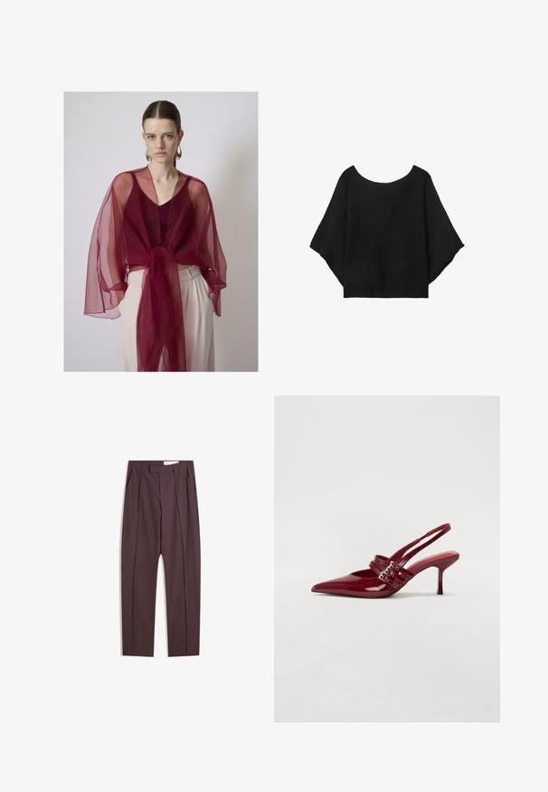 Burgundska prozirna omotač sa širokim rukavima, vezana u struku, složena preko rebrastog burgundskog topa, u paru sa kremastim hlačama.; Crna pletena majica s širokim rukavima, izrezom u obliku suze i opuštenim krojem. Tkanina ima rebrastu teksturu, bez kopčanja ili uzoraka.; Ljubicaste prugaste hlače s nabranim detaljima, naglašenim visokim strukom i ravnim krojem. Izrađene od glatkog, teksturiranog materijala.; Crvene patent kožne sandale s upetačom, oštrim vrhom, dva remena s kopčama i tankim, srednje visokim štiklama. Glatka tekstura.