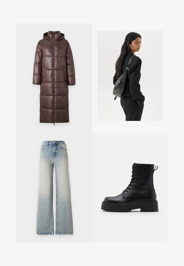 Brūns, garš pūkains mētelis ar kapuci, ar spīdīgu, kvadrātveida tekstūru, priekšējo rāvējslēdzēju un sānu kabatām, paredzēts siltumam un aizsegam.; Vero Moda VMNEWCREAM FUNNELNECK PULLOVER - Džemperis - black/birch; Gai zilu platā kāja džinsi, kas izgatavoti no denima, ar augstu jostasvietu, piecām kabatām un redzamu dūrienu gar šuvēm.; Melni ādas potītēm zābaki ar apļveida purngalu, auklām priekšpusē un biezu gumijas zoli ar teksturētu protektoru. Velkšanas cilpa aizmugurē.; Sieviete ar garām tumšām matiem, ģērbusies melnā uzvalkā, nēsā melnu ādas plecu somu un skatās pāri plecam uz balta fona.; Zelta krāsas auskari gredzena formā, plāni un apaļi, ar gludu metāla apdari un bez rotājumiem vai zīmējumiem.