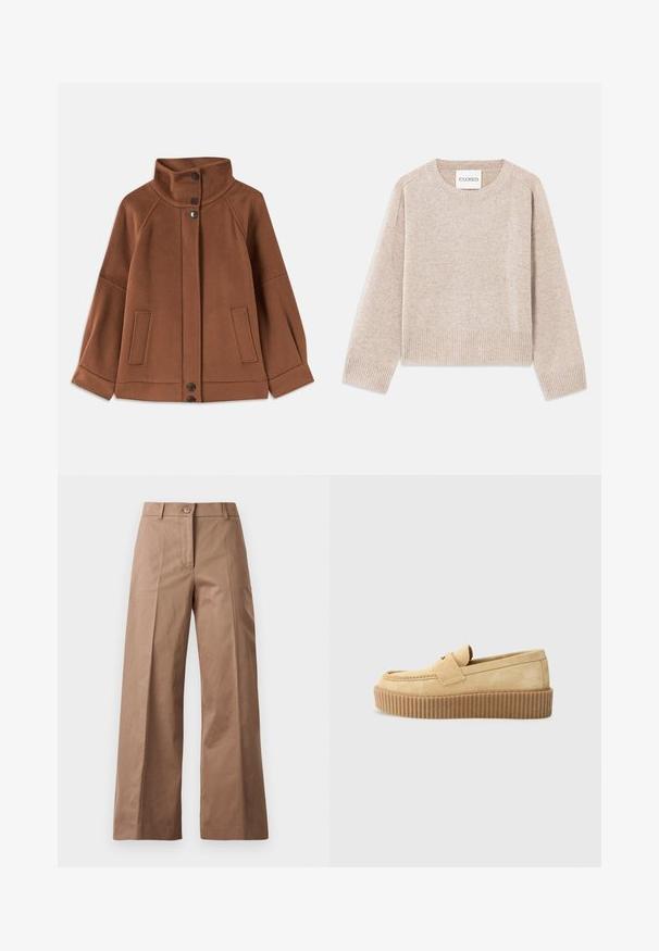 Pruun villa segu -jakk kõrge kraega, kolme nupuga kinnitusega ja kahe esisepikuga; sisaldab raglansleeve ja lihtsat õmblust.; Beezne kootud kampsun ümmarguse kaelusega ja soonikkoes randmetega. Omandab lõdva istuvuse ja kerge tekstuuri, sildil on märgistus "CLOSED".; Pruunid lai jalgadega püksid, mis on valmistatud siledast kangast, esise nööbiga kinnitusega, kahte esist taskut ja puhtaid, vormitud jooni.; Beez värvi sametised libisemisega mokasiinid, millel on tekstuuriga pruun platvormi talla, lapik varvas ja dekoratiivne rihm ülemise osa üle.