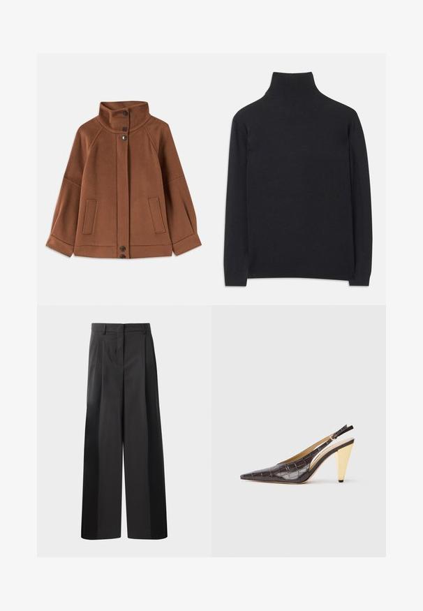 Rudas vilnos mišinys švarkas su aukštu apykakle, trijų mygtukų užsegimu ir dviem priekinėmis kišenėmis; turi raglan tipo rankoves ir paprastą siuvimą.; Juodas golfas, pagamintas iš minkštos medžiagos. Jis turi ilgomis rankovėmis, aukštu kaklu ir šonkauliniais rankogaliais bei apvadu, suteikiančiais prigludusį įvaizdį.; Juodos plačios kelnės su aukštu liemeniu, su priekinėmis raukšlėmis, glotnia tekstūra ir pritaikytu apdailos stiliumi. Sukurtos laisvam sėdėjimui.; Ilgas pirštas slingback kulnas tamsiai rudos spalvos blizgios dirbtinės krokodilo odos. Savybė – aukso spalvos geometrinės formos kulnas ir reguliuojama kulkšnies juosta.