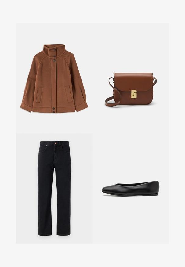 Braune Wollmischung Jacke mit hohem Kragen, Drei-Knopf-Verschluss und zwei Fronttaschen; mit Raglanärmeln und einfacher Naht.; Schwarze kurzärmelige Hemdbluse mit gestreiftem Muster, verbreitetem Kragen und vorderer Knopfverschluss. Glatte Textur, lockere Passform.; Schwarze Jeans aus Denim mit geradem Bein, Fünf-Taschen-Design, Kupferknopfdetails und minimal sichtbaren Nähten.; Paul Smith TOPANGA - Klassischer Ballerina - black; Braune Ledertasche mit Klappenverschluss, Beschlägen in Goldfarbe, einem Schultergurt und einer glatten Oberfläche. Kompakte rechteckige Form.