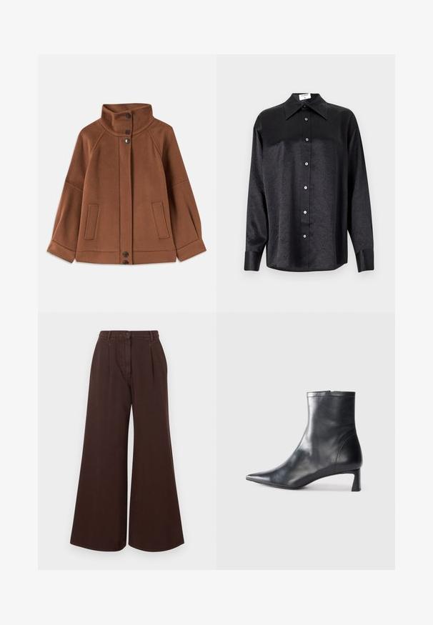 Brun ullblandad jacka med hög krage, treknappsstängning och två framfickor; har raglanärmar och enkel sömnad.; Svart långärmad skjorta med krage, med en krinklad textur, full knappstängning och manschetter. Tillverkad av ett glatt tyg.; Högmidjade vida bruna byxor med knapp- och dragkedjestängning, bältesöglor och framveck.; Svart läder ankelboot med spetsig tå och en smidig design. Har en låg klack och en dragkedjestängning bak. Slät textur.