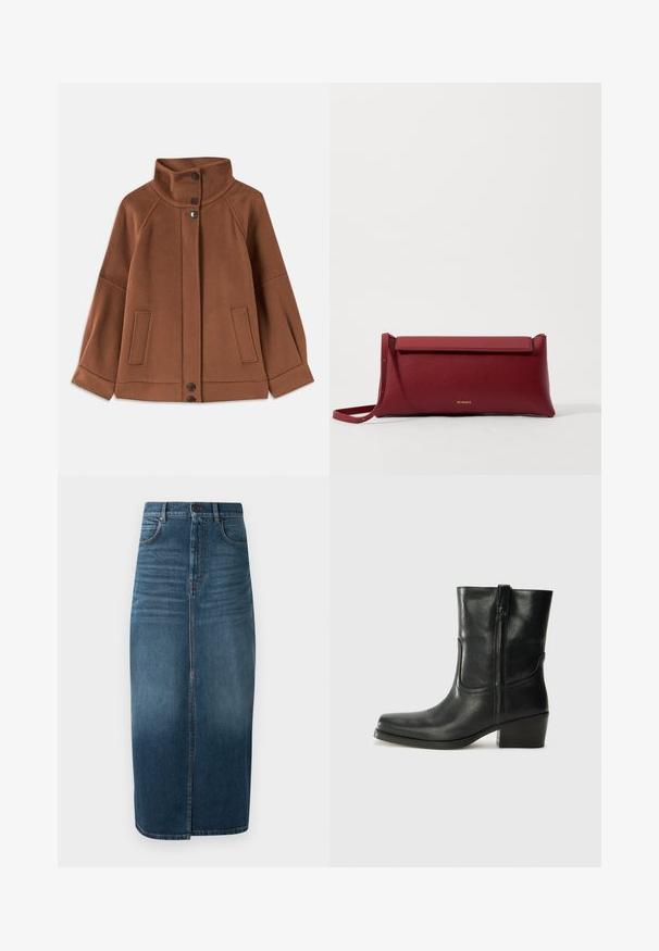 Braune Wollmischung Jacke mit hohem Kragen, Drei-Knopf-Verschluss und zwei Fronttaschen; mit Raglanärmeln und einfacher Naht.; Weiße Kurzarmbluse mit blauer Blumenstickerei, einem runden Ausschnitt und detaillierten Mustern entlang der Vorderseite und Ärmel.; Denim-Midi-Rock in dunklem Indigo, mit einem vorderen Schlitz und leichtem Verblassen. Klassisches Fünf-Taschen-Design mit metallischem Knopfverschluss.; Schwarze Leder-Ankle Boots mit runder Zehenform, Blockabsatz, seitlichem Reißverschluss und gestickten Akzenten auf dem Blatt. Glatte Textur, klassisches Design.; Rote Leder-Clutch mit strukturiertem Finish, ausgestattet mit einem flachen Klappdeckel und einem kurzen Tragegriff. Diskretes Markenlogo auf der Vorderseite.