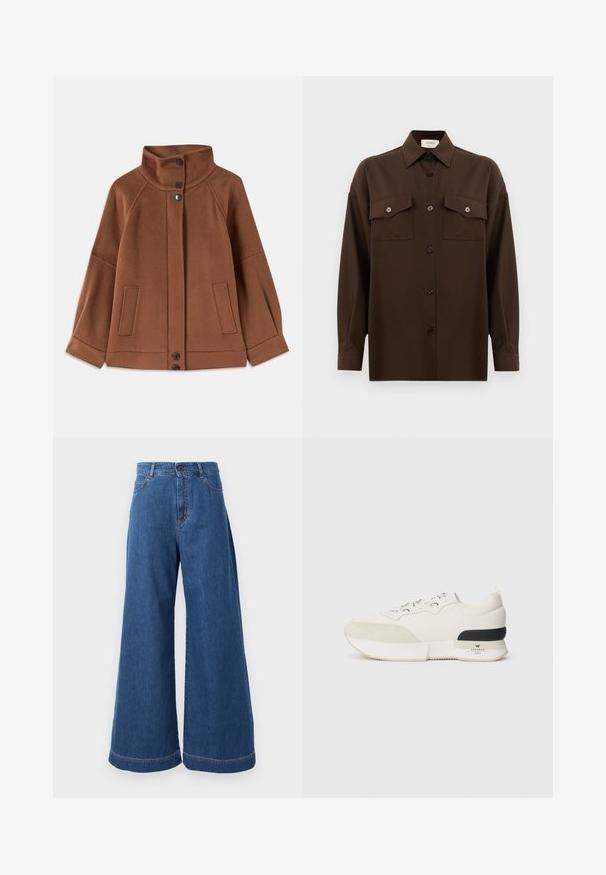 Casaco de mistura de lã castanho com gola alta, fecho de três botões e dois bolsos frontais; possui mangas raglan e costura simples.; Camisa de botões de manga longa castanho-escuro, com dois bolsos de aba no peito e um colarinho clássico, apresentada contra um fundo branco liso.; Jeans de perna larga em denim azul médio, com uma cintura alta, bolsos frontais e costura em contraste ao longo das costuras e bainhas.; Sneaker branco com biqueira em camurça texturizada, parte superior em malha lisa, atacadores decorativos e um detalhe na parte de trás em borracha preta.