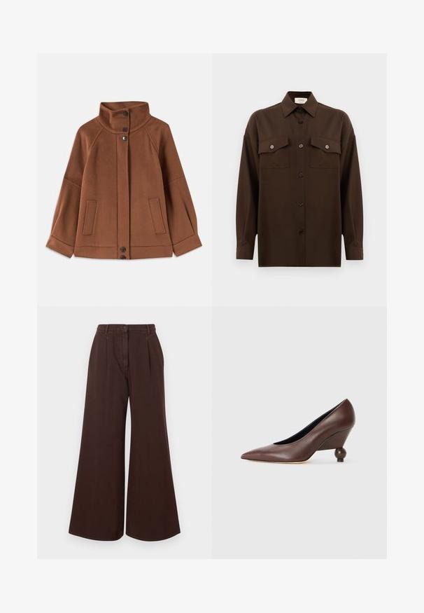 Brun uldblandingsjakke med høj krave, tre-knaps lukning og to forlommer; har raglanærmer og enkle syinger.; Mørkebrun langærmet skjorte med knaplukning, to brystlommer med klap og en klassisk krave, præsenteret mod en helt hvid baggrund.; Højtsiddende, brede brune bukser med knap- og lynlåslukning, bæltestropper og forkantede folder.; Brune læder wedge pumpe med spids tå og en rund, kugleformet hæl. Glat tekstur med et enkelt design og minimalt med detaljer.