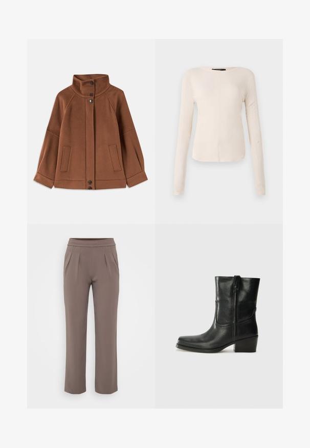 Brūna vilnas maisījuma jaka ar augstu apkakli, trīs pogu aizdari un divām priekšējām kabatām; iekļauj raglanu piedurknes un vienkāršu šuvumu.; Ilgi piedurkņu, gaiši bēšas krāsas blūze ar apaļu dekoltē. Izgatavota no mīksta auduma, ar centrālo šuvi un nedaudz izliekta apakšmala. Nav redzamu papildus elementu.; Taurī šūšanas brīvās formas bikses ar elastīgu jostasvietu un priekšējiem krokām, izgatavotas no gludas auduma.; Melna ādas potīte ar noapaļotu purngalu, bloku papēdi, sānu rāvējslēdzēju un šuvju akcentiem uz virsmas. Gluda tekstūra, klasiskā dizaina.