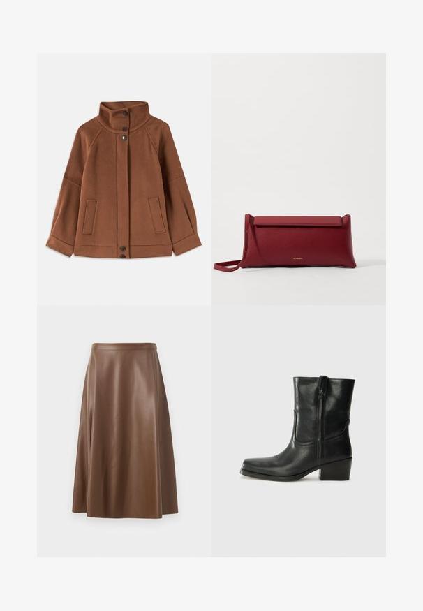 Brown wool-blend jacket with a high collar, three-button closure, and two front pockets; features raglan sleeves and simple stitching.; Black tank top with thin spaghetti straps, made of a ribbed fabric, featuring a straight cut and a label at the neckline reading "IVY OAK."; Brown leather A-line skirt with a smooth texture and a mid-length hem. Features a fitted waistband and a slight flare from the hips.; Black leather ankle boot with a rounded toe, block heel, side zipper, and stitching accents on the vamp. Smooth texture, classic design.; Red leather clutch bag with a textured finish, featuring a flat fold-over top and a short strap. Subtle brand logo on the front.