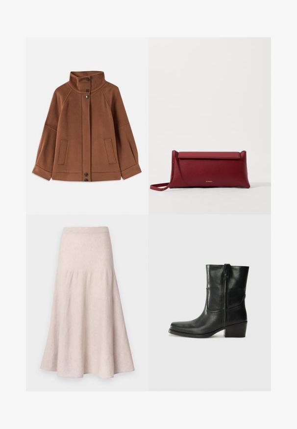 Braune Wollmischung Jacke mit hohem Kragen, Drei-Knopf-Verschluss und zwei Fronttaschen; mit Raglanärmeln und einfacher Naht.; Schwarzes Tanktop mit dünnen Spaghetti-Trägern, aus geripptem Stoff, mit geradem Schnitt und einem Etikett am Hals, auf dem "IVY OAK" steht.; Hellbeiger ausgestellter Rock aus weichem Stoff, mit hoher Taille und gerafftem Design sowie einer fließenden Silhouette.; Schwarze Leder-Ankle Boots mit runder Zehenform, Blockabsatz, seitlichem Reißverschluss und gestickten Akzenten auf dem Blatt. Glatte Textur, klassisches Design.; Rote Leder-Clutch mit strukturiertem Finish, ausgestattet mit einem flachen Klappdeckel und einem kurzen Tragegriff. Diskretes Markenlogo auf der Vorderseite.