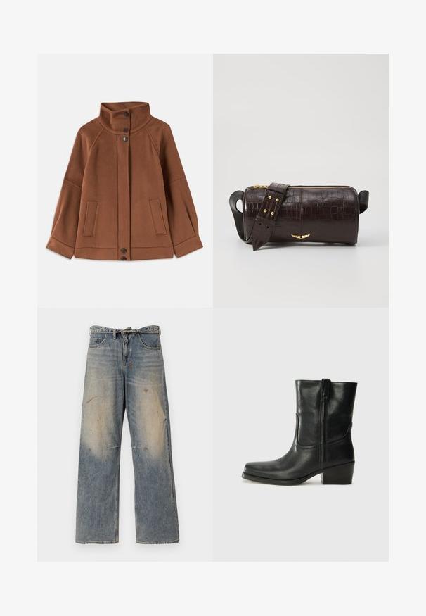 Veste en mélange de laine marron avec un col haut, fermeture à trois boutons et deux poches avant ; présente des manches raglan et une couture simple.; Débardeur noir à fines bretelles, en tissu côtelé, avec une coupe droite et une étiquette au niveau du col indiquant "IVY OAK."; Jean en denim bleu clair avec une coupe ample et droite. Caractéristiques de décoloration, d'effilochage et de détails usés près des genoux. Style classique à cinq poches.; Bottine en cuir noir avec un bout rond, un talon carré, une fermeture éclair sur le côté et des coutures décoratives sur l'empeigne. Texture lisse, design classique.; Sac en cuir embossé crocodile marron avec une forme cylindrique, quincaillerie dorée et une bandoulière détachable ornée de clous.