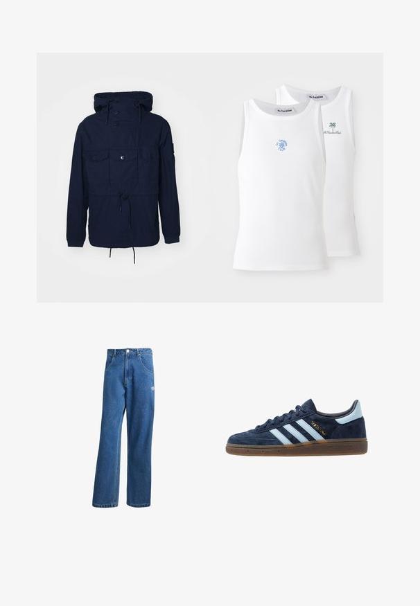 Marineblauwe windjack met capuchon, vier voorkezen, knoopsluitingen en een verstelbare koord in de taille. Lichtgewicht stof.; Twee witte tanktops met een geribbelde textuur, voorzien van blauwe en groene borduurlogo's. De ene heeft een zonontwerp, de andere een palboom.; Blauwe hoge taille wijde spijkerbroek met voorzakken, riemlussen, knoopsluiting en klein Adidas-logo op de rechterdij.; Marineblau suede Adidas sneaker met lichtblauwe strepen, gumzool, lichtblauw hielstuk en gouden "Spezial" branding aan de zijkant.