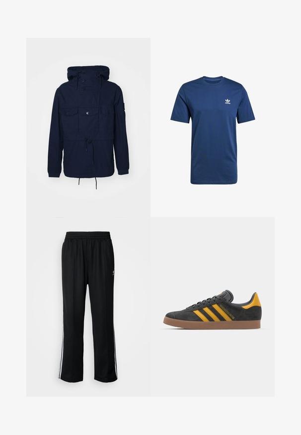 Casaco corta-vento azul-marinho com capuz, quatro bolsos frontais, fechos de botão e cordão ajustável na cintura. Tecido leve.; T-shirt de algodão azul marinho com mangas curtas, gola redonda e logótipo branco da Adidas no lado esquerdo do peito. Textura suave, ajuste clássico.; Calças atléticas pretas com um cós elástico, apresentando riscas brancas laterais e um pequeno logótipo. O material parece macio e leve.; Tenis em camurça preta com detalhes amarelos, apresentando três riscas e uma sola de borracha castanha. Inclui uma língua acolchoada para maior conforto.