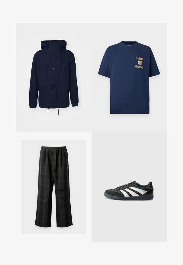 Marineblauwe windjack met capuchon, vier voorkezen, knoopsluitingen en een verstelbare koord in de taille. Lichtgewicht stof.; Marineblauwe katoenen T-shirt met korte mouwen, voorzien van gouden tekst "Carhartt University" en een logo-label op de linkerborst.; Zwarte geruite broek met een elastische tailleband, twee voorzakken en een losse pasvorm met een rechte pijpdesign. Gemaakt van lichtgewicht materiaal.; adidas Performance PREDATOR FREESTYLE JUDE INDOOR FOOTBALL SHOES - Zaalvoetbalschoenen - core black/silver-coloured/glory blue