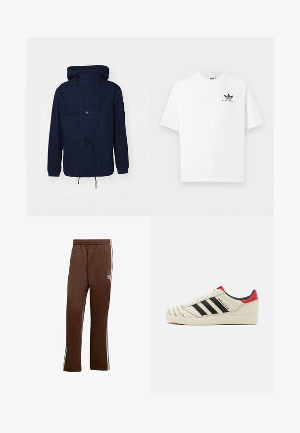Marineblauwe windjack met capuchon, vier voorkezen, knoopsluitingen en een verstelbare koord in de taille. Lichtgewicht stof.; Witte katoenen t-shirt met korte mouwen, voorzien van een zwart "BASKETBALL" logo en het iconische drie-streependesign aan de voorkant.; Bruine sportbroeken van gladde stof, met witte zijstripe en een elastische tailleband. Inclusief zakken aan beide zijkanten.; Crème leren sneakers met zwarte strepen, rode hielaccenten en textuurdetails. Beschikt over een rubberen zool en een vetersluiting.