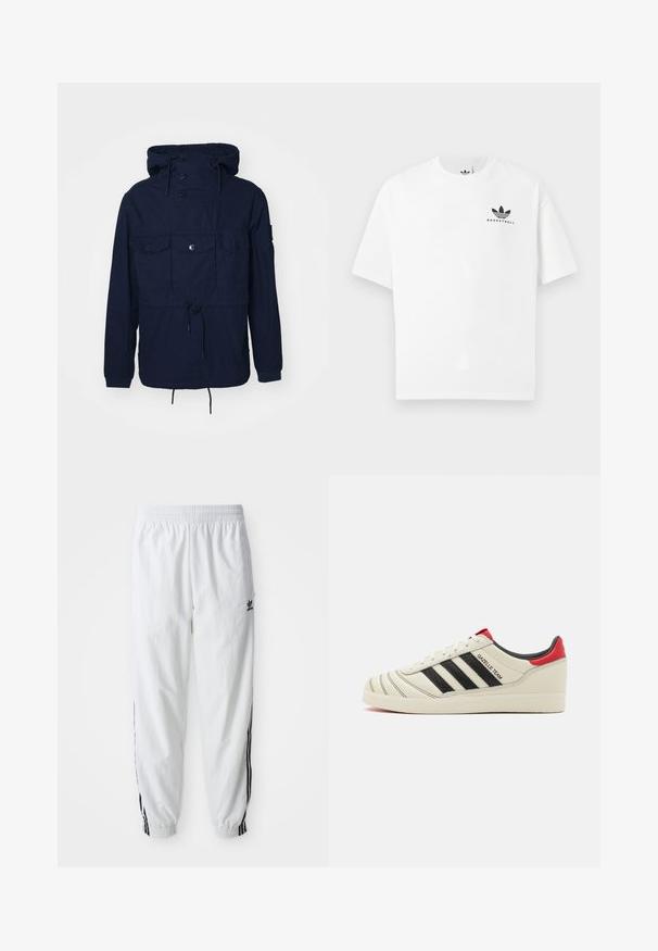 Marineblauwe windjack met capuchon, vier voorkezen, knoopsluitingen en een verstelbare koord in de taille. Lichtgewicht stof.; Witte katoenen t-shirt met korte mouwen, voorzien van een zwart "BASKETBALL" logo en het iconische drie-streependesign aan de voorkant.; Witte sportbroek met zwarte zijstrepen, elastische tailleband en boorden; heeft het Adidas-logo op de linkerdij. Glad stoffen structuur.; Crème leren sneakers met zwarte strepen, rode hielaccenten en textuurdetails. Beschikt over een rubberen zool en een vetersluiting.