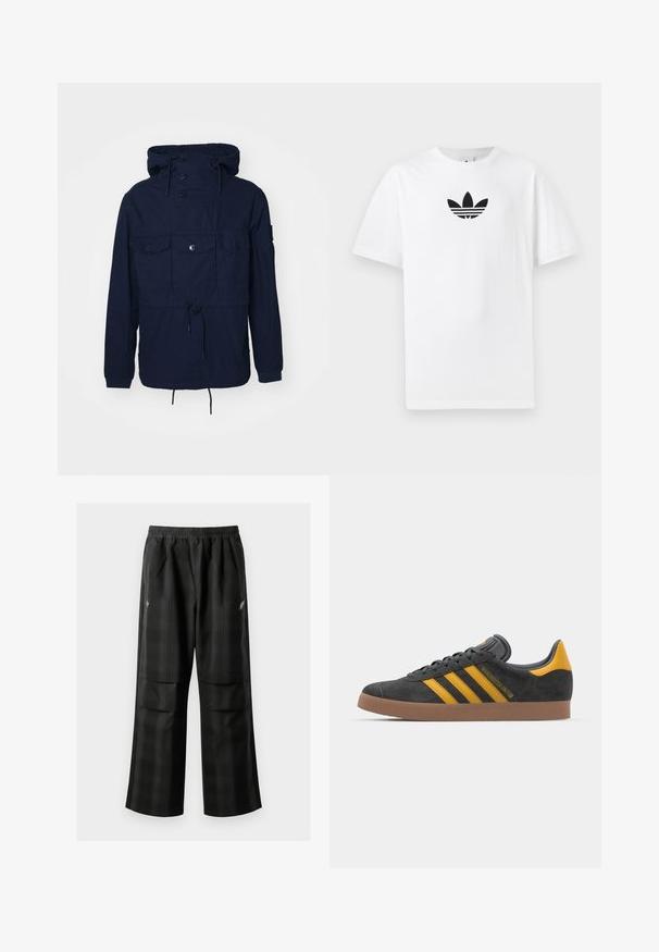 Marineblaues Windbreaker-Jacket mit Kapuze, vier Fronttaschen, Knopfverschlüssen und verstellbarem Kordelzug in der Taille. Leichtes Material.; Weißes Baumwoll-T-Shirt mit einem schwarzen Adidas-Logo in der Mitte. Kurze Ärmel und Rundhalsausschnitt. Glatte Textur.; Schwarze karierte Hosen mit elastischem Bund, zwei Fronttaschen und lockerer Passform im geraden Beinschnitt. Hergestellt aus leichtem Material.; Schwarze Wildledersneaker mit gelben Akzenten, ausgestattet mit drei Streifen und einer braunen Gummisohle. Enthält eine gepolsterte Zunge für zusätzlichen Komfort.