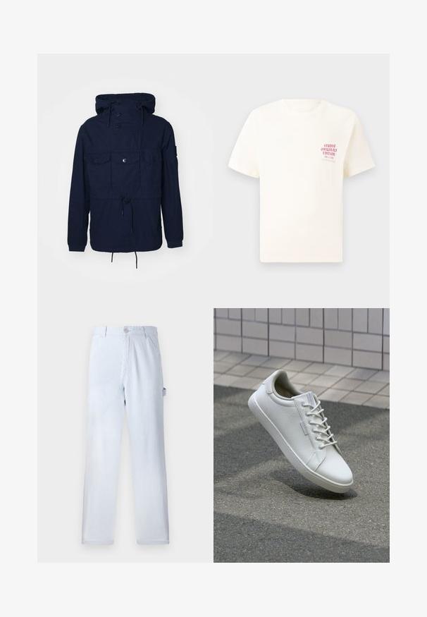 Chaqueta cortavientos de color azul marino con capucha, cuatro bolsillos delanteros, cierres de botón y cordón ajustable en la cintura. Tejido ligero.; Camiseta blanca de manga corta con el texto rojo "Edición de Studio Originals" en el lado izquierdo del pecho, exhibida sobre un fondo gris neutro.; Pantalones rayados de color azul claro hechos de algodón. Diseño de pierna recta, con cierre de botón en la parte delantera y bolsillos laterales. Textura suave.; Zapatilla blanca hecha de cuero texturizado, con un cierre de cordones en la parte delantera, suela de goma resistente y un diseño minimalista con puntera reforzada.