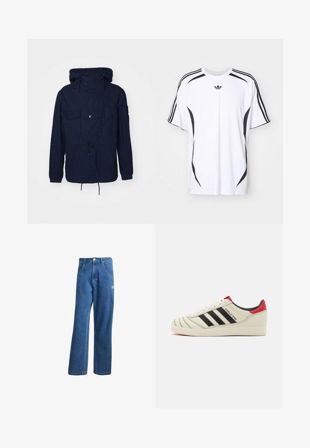 Marineblauwe windjack met capuchon, vier voorkezen, knoopsluitingen en een verstelbare koord in de taille. Lichtgewicht stof.; Witte t-shirt met korte mouwen, voorzien van zwarte zijaccenten en drie zwarte strepen op de schouders. Inclusief klein zwart logo op de borst.; Blauwe hoge taille wijde spijkerbroek met voorzakken, riemlussen, knoopsluiting en klein Adidas-logo op de rechterdij.; Crème leren sneakers met zwarte strepen, rode hielaccenten en textuurdetails. Beschikt over een rubberen zool en een vetersluiting.