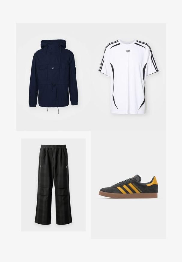 Tummansininen tuulitakki hupulla, jossa on neljä etutaskua, napit ja säädettävä naru vyötäröllä. Kevyt kangas.; Valkoinen lyhythihainen t-paita, jossa on mustat sivusomisteet ja kolme mustaa raitaa hartioilla. Paitassa on myös pieni musta logo rinnassa.; Mustat ruudulliset housut, joissa on joustava vyötärö, kaksi etutaskua ja rento istuvuus suoralla lahkeella. Valmistettu kevyestä materiaalista.; Mustat samettiset tennarit, joissa on keltaisia yksityiskohtia, kolmonen raita ja ruskea kumipohja. Sisältää pehmustetun kielisen mukavuutta varten.