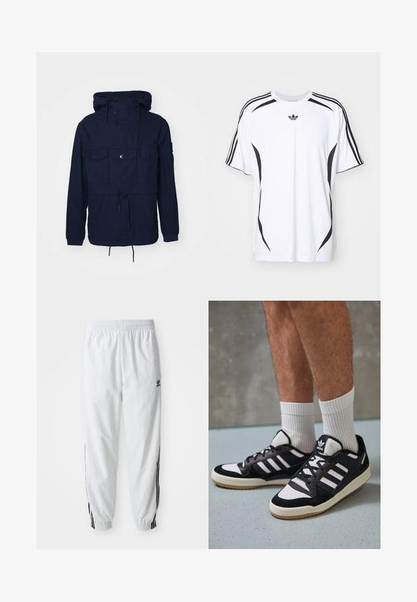 Sötétkék szélálló kabát kapucnival, négy elülső zsebbel, gombos záródással és állítható zsinórral a deréknál. Könnyű anyag.; Fehér, rövid ujjú póló fekete oldalsó kiegészítőkkel és három fekete csíkkal a vállakon. Kis fekete logóval a mellkason.; Fehér sportnadrág fekete oldalsávokkal, rugalmas derékrésszel és mandzsettákkal; az Adidas logó a bal combján található. Sima szövettextúra.; Fekete-fehér tornacipők velúr és bőr felsőrésszel, három fehér csíkkal, perforált orral és gumi talppal.