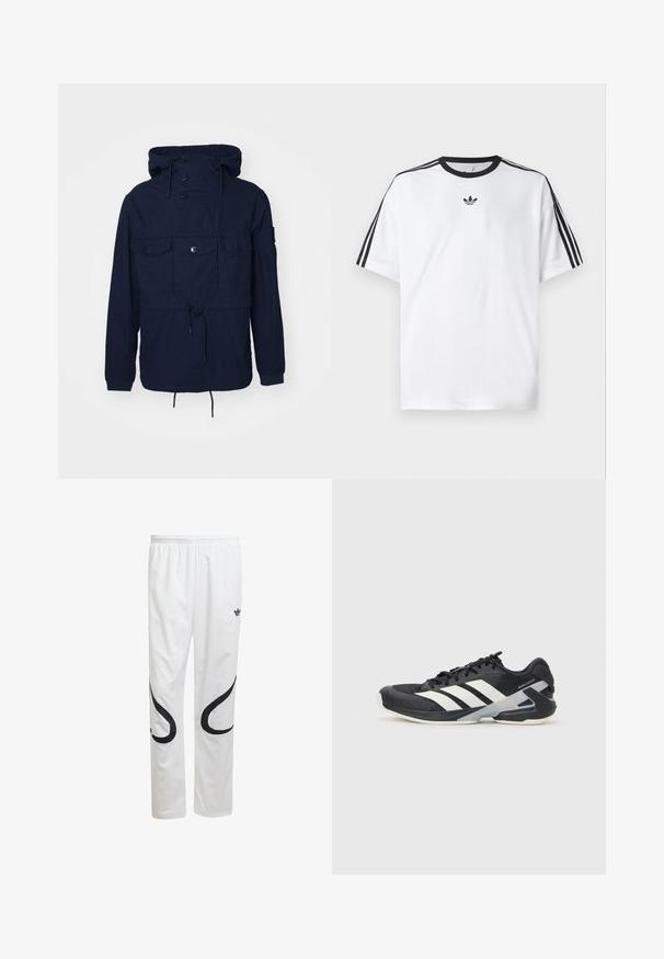 Navy blue windbreaker jacket with a hood, four front pockets, button closures, and adjustable drawstring at the waist. Lightweight fabric.; White T-shirt made of cotton, featuring a black round neckline and three black stripes on each shoulder. Small black logo on the chest.; White athletic pants with a smooth texture, featuring black curved designs on the sides and a black logo near the waistband.; Black athletic shoe with white stripes, mesh upper, rounded toe, and cushioned sole. Features a textured heel and secure lacing system.