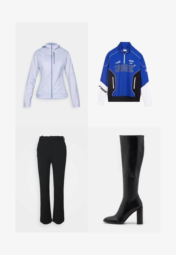 Salomon BONATTI CROSS - Running jacket - cosmic sky; Blue and black zip-up sweatshirt with white accents, featuring "RACING" logo in bold font, high collar, and two zippered pockets.; Black, tailored trousers with a smooth finish, straight leg design, and a waistband. Features subtle stitching details and no pockets.; Knee-high black leather boots with pointed toe and chunky heel. Smooth texture with minimal accents and a fitted shaft design.