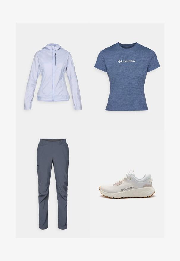 Salomon BONATTI CROSS - Športna jakna - cosmic sky; Modra kratka majica s kratkimi rokavi iz teksturirane tkanine, z belim logotipom Columbia na prsih, okroglo ovratnikom in prilegnjenim dizajnom.; Sive hlače za športne aktivnosti z elastičnim pasom, dvema sprednjima žepoma in žepom z zadrgo na strani. Gladka tekstura in zožen kroj.; Lahka športna obutev Columbia v beli mreži z teksturiranim sivim podplatom in gumijastim oprijemom. Ima podloženi ovratnik in vezalni dizajn.