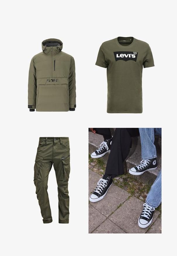 Grøn pufferjakke med halv-zip design, justerbar hætte og et sort logo. Har sidelommer og ribbede manchetter.; Oliven grøn bomulds t-shirt med et stort sort Levi's logo på forsiden. Klassisk rund hals og korte ærmer, glat tekstur.; Olivenfarvede cargo-bukser lavet af slidstærk bomuld. Har flere lommer, en lynlåslomme på siden og tapered ben med en let tekstureret overflade.; Sorte høje canvas sneakers med hvide gummisåler og snørebånd, prydet med et cirkulært logo på siden og parret med denim og sorte bukser.