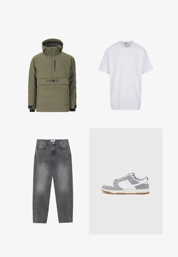 Vihreä puffatakki, jossa on puolivetoketjusuunnittelu, säädettävä huppu ja musta logo. Tekee vaikutuksen sivutaskuilla ja ribbausliepeillä.; Valkoinen puuvillainen t-paita, jossa on lyhyet hihat, pyöreä kaula-aukko, rento istuvuus ja ei näkyviä logoja tai kuvioita. Sileä pinta ja minimaalinen muotoilu.; Korkeavyötäröiset, väljät farkut haalistuneesta mustasta denimestä. Ominaisuuksiin kuuluu viisi taskua, vyölenkit ja siisti, suora lahjetyyli.; Harmaa ja valkoinen lenkkari, jossa on mokka- ja nahkapinta, pyöreä kärki, litteät nauhat ja kumipohja, jossa on vaahtomuoviväri.