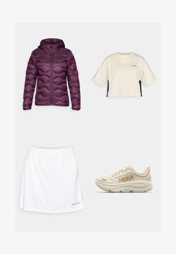 Peak Performance HELIUM HOOD - Doudoune - dunkellila; T-shirt court de couleur crème avec un col rond, des manches courtes et des panneaux latéraux noirs ; il possède un petit logo noir sur la poitrine.; Jupe de sport blanche avec une texture lisse, une taille large et un logo dans le coin inférieur droit. Présente une coupe ample pour un confort optimal.; Baskets de course beige clair avec tige en mesh, col rembourré, logo "HOKA" en or bien en évidence, et semelle épaisse et rembourrée pour plus de confort.