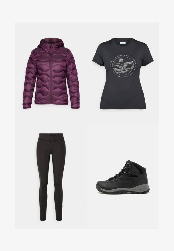 Peak Performance HELIUM HOOD JACKET - Down jacket - dunkellila; Black Columbia t-shirt with white circular mountain and river line art and text "Columbia Sportswear Company Outside Since 1938."; Black leggings with a high waistband, drawstring, smooth texture, and fitted design. Features stitching details along the sides.; Black hiking boot with a mid-top design, featuring a textured upper, gray accents, and durable rubber sole with traction lugs.
