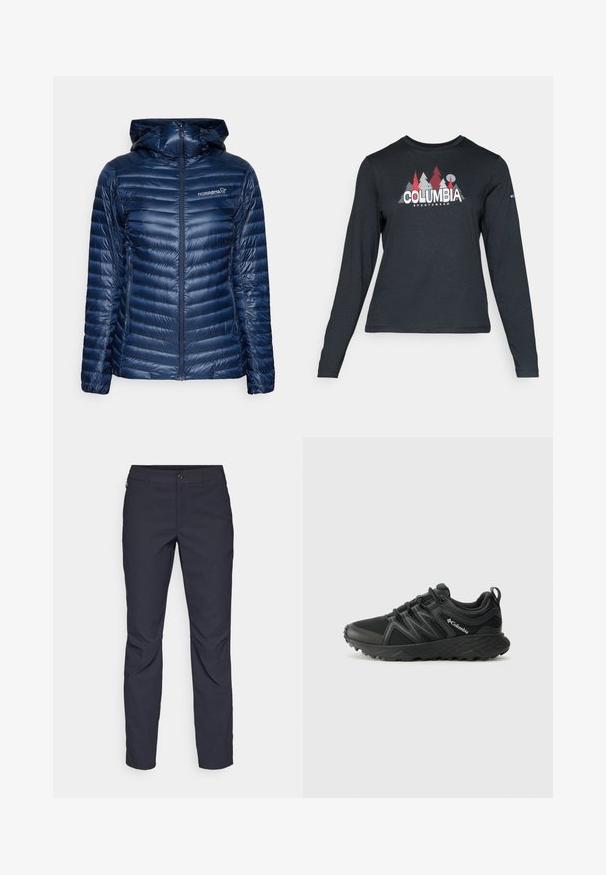 Norrøna marineblå isolert jakke med hette, horisontal quiltet design, glidelås foran og strukturert overflate, ideell for kaldt vær.; Langermet mørkegrå skjorte med grafikk av røde trær og fjell; "COLUMBIA" logo i fet hvit tekst. Mykt stoff, standard rund hals.; Marineblå bukser laget av glatt stoff, med frontknappelukking, slim-fit design og pressede detaljer ved knærne.; Columbia PEAKFREAK - Fjellsko - black