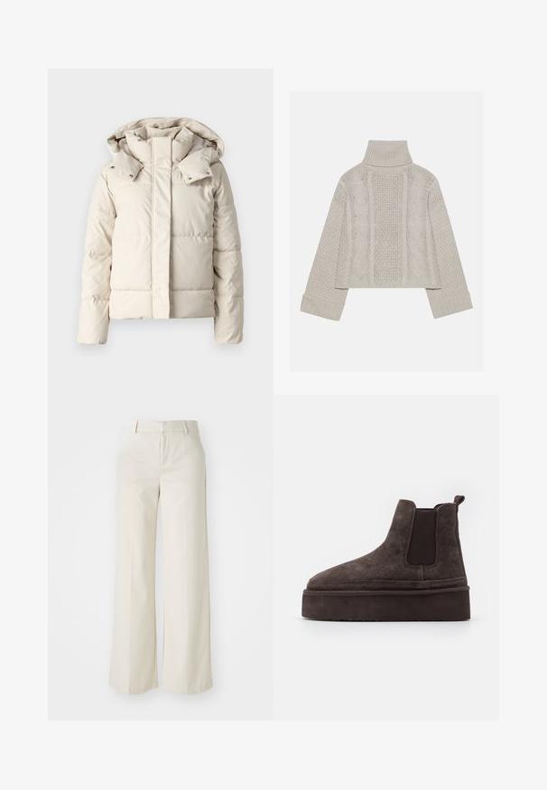 Vero Moda VMGRETAKYLIE NOOS - Casaco de inverno - oatmeal; Suéter tricotado cinza claro, cortado, com gola alta e punhos canelados, apresentando padrões de cabos texturizados ao longo das costas e dos lados.; Calças largas numa cor bege clara, feitas de um tecido suave. Apresentam uma cintura clássica e parte da frente lisa com linhas limpas.; Botas Chelsea em suede castanho com painéis laterais elásticos e uma sola plataforma grossa e texturizada. Apresenta uma alça na parte de trás para facilitar o calce.