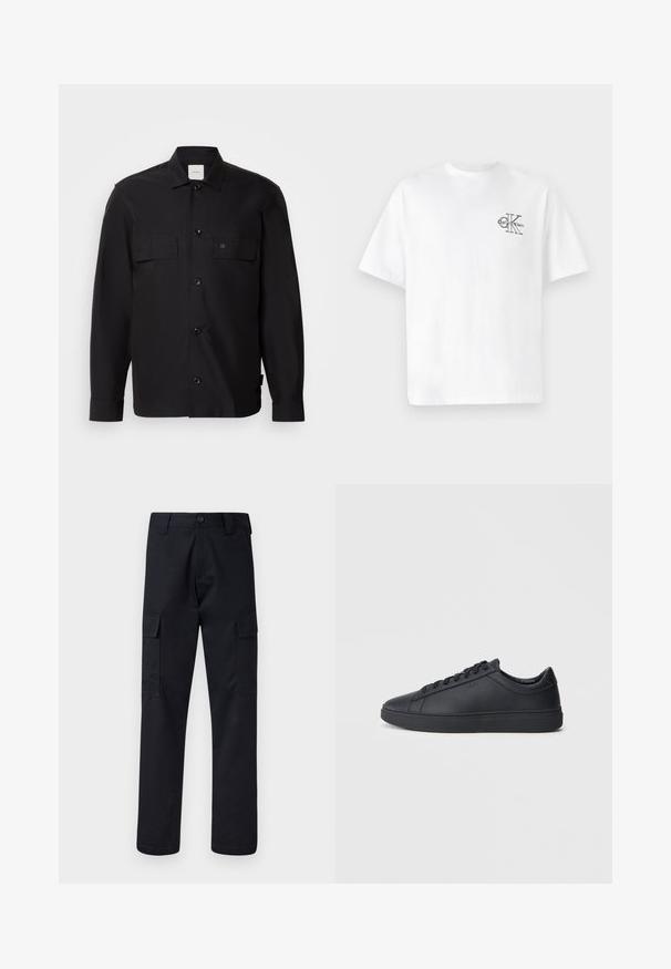 Black jacket made of smooth fabric, featuring a button-up front, two chest pockets, and a small logo on the left pocket. Long sleeves.; White cotton t-shirt with short sleeves, crew neck, featuring a black CK logo on the left chest area, standard fit, smooth texture.; Black cargo pants made of sturdy fabric, featuring a straight-leg cut, two side pockets, and a button closure at the waistband.; Black sneakers made of smooth leather with a low-top design, round toe, and flat rubber sole. Features laces and subtle branding.