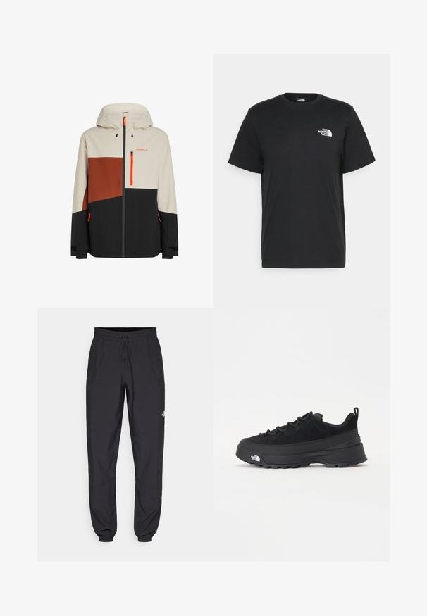 Men's waterproof jacket featuring a hood, beige, brown, and black color blocks, with orange accents and zippered pockets.; Black cotton t-shirt with short sleeves, crew neck, and a small white logo on the left chest. Simple design, smooth texture, and relaxed fit.; Black athletic pants made from lightweight fabric, featuring a drawstring waistband, side pockets, and tapered cuffs at the ankles.; Black outdoor sneaker with a suede upper, textured rubber sole, and sturdy lacing system. Features a reinforced heel and brand logo on the side.