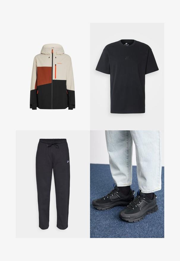 Veste imperméable pour homme avec capuche, blocs de couleurs beige, marron et noir, avec des accents orange et des poches zippées.; T-shirt en coton noir Nike avec un col rond classique, des manches courtes et un logo embossé subtil sur la poitrine. Texture lisse.; Pantalons de survêtement noirs en tissu doux, avec une taille élastique, un cordon de serrage et un petit logo Nike sur la cuisse gauche.; Des chaussures de sport noires avec un tissu texturé et des semelles en caoutchouc, dotées de lacets élastiques et d'un accent bleu au talon. Portées avec un pantalon en denim clair.