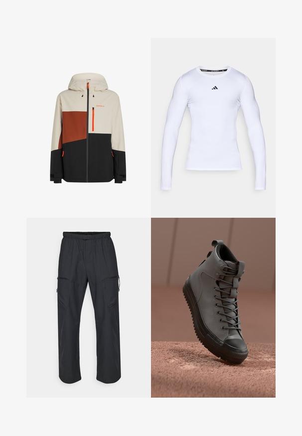 Herren wasserdichte Jacke mit Kapuze, in Beige, Braun und Schwarz mit orangefarbenen Akzenten und Reißverschlusstaschen.; Weißes, langärmliges Sportshirt aus elastischem Stoff mit rundem Halsausschnitt und schwarzem Adidas-Logo auf der Brust.; Schwarze Cargo-Hosen mit elastischem Bund, zwei Reißverschlusstaschen und einem leichten, glatten Stoffgefühl.; Hochschuh aus grauem Leder mit strukturierter Oberfläche, schwarzer Gummispitze und grauen Schnürsenkeln. Verfügt über eine Zuglasche an der Ferse.