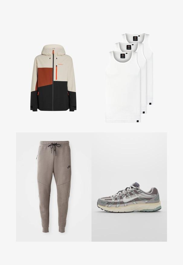 Veste imperméable pour homme avec capuche, blocs de couleurs beige, marron et noir, avec des accents orange et des poches zippées.; Trois débardeurs blancs côtelés en coton. Présentent un col rond et de petites étiquettes noires près de l'ourlet. Disponibles en plusieurs tailles.; Pantalon de survêtement gris Nike avec une taille élastique à cordon de serrage, des jambes fuselées, des poches latérales et un détail de couture distinct. Tissu doux et texturé.; Chaussure de sport grise avec une tige en mesh et en daim, accents blancs, semelle rembourrée et un design distinctif avec des éléments réfléchissants.