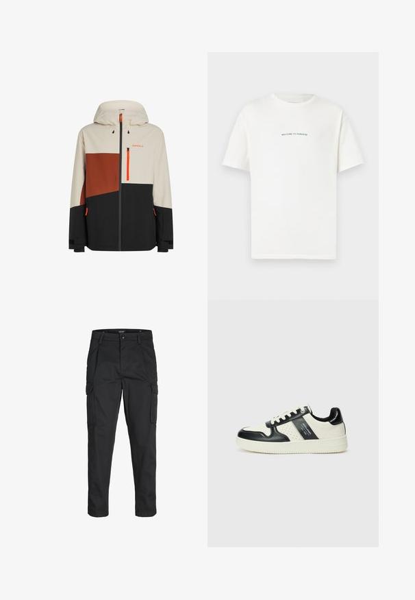 Pánská nepromokavá bunda s kapucí, v béžových, hnědých a černých barevných blokách, s oranžovými akcenty a zipovými kapsami.; Bílý bavlněný tričko s krátkým rukávem a kulatým výstřihem. Uprostřed je napsáno "VÍTÁME V RÁJI" křivým zeleným písmem.; Černé cargo kalhoty vyrobené z odolné tkaniny, s mnoha kapsami, knoflíkovým zapínáním a slim fit střihem se zúženými nohavicemi.; Kožené tenisky s černobílou barevnou kombinací, které mají perforované detaily, polstrovaný límec a texturovanou podrážku.