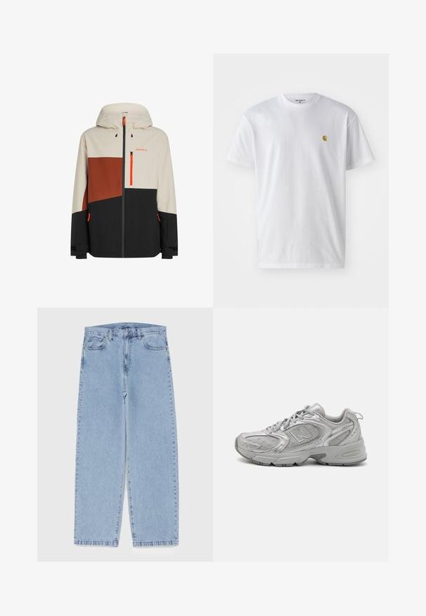 Heren waterdichte jas met een capuchon, in beige, bruin en zwarte kleurvlakken, met oranje accenten en ritszakken.; Witte katoenen t-shirt met korte mouwen en ronde hals, voorzien van een klein gouden logo op de linkerkant van de borst. Zachte textuur en een normale pasvorm.; Lichtblauwe denim jeans met een recht model, voorzien van een middelhoge taille, vijf zakken en een knoop- en ritssluiting.; Zilveren hardloopschoen met een slank design, gaaspanelen, een gevoerde tong, textuur van synthetisch bovenwerk en rubberen buitenzool voor grip.