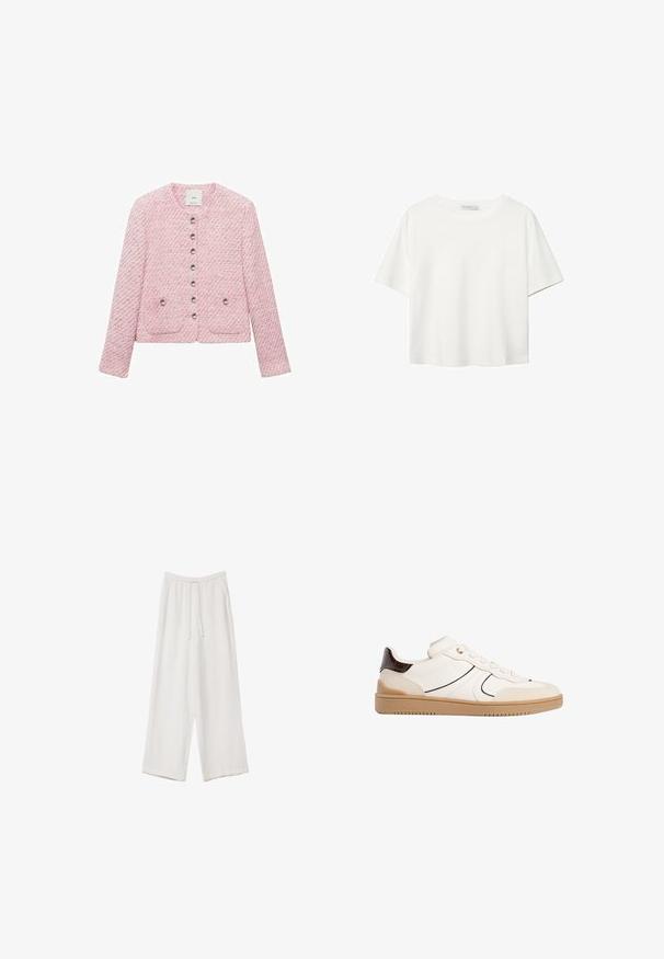 Lyserød tweedjakke med rund halsudskæring, seks metalliske knapper foran og to forlommer. Lange ærmer, struktureret stof.; Hvid kortærmet t-shirt lavet af bomuld. Har en rund halsudskæring og en afslappet pasform. Glat tekstur uden synlige mønstre eller detaljer.; Hvide bukser med bred benlængde lavet af et letvægtsstof. Har et elastisk talje med snor og sidelommer. Glat tekstur.; Stradivarius Sneakers - white