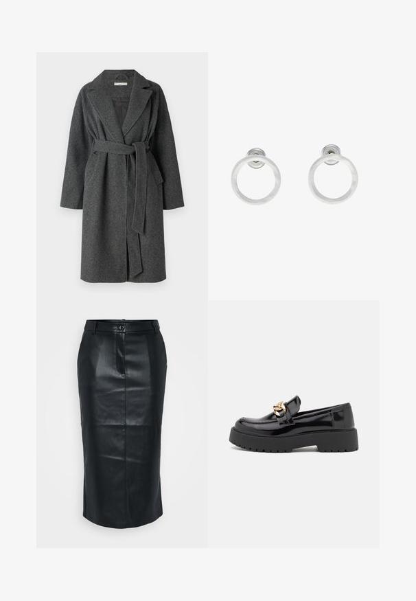 Dolga, temno siva volnena plašč s pasom, oversized ovratniki in stranskimi žepi. Gladka tekstura s preprostim, klasičnim dizajnom.; Even&Odd Petite 2 PACK - Top - light grey/black; Črna usnjena svinčnik krilo z visokim pasom, zarezom na hrbtni strani, gladko teksturo in z enim gumbom za zapiranje. Ima prilagojen, tesno prilegajoč dizajn.; Črni lakirani usnjeni loafers s debelim črnim podplatom in zlato kovinsko opremo. Gladka tekstura in zasnova zaokroženega nosu.; Srebrni kovinski obročasti uhani z brušenjem, s krožno obliko in prozornim zatičem za varno nošenje.
