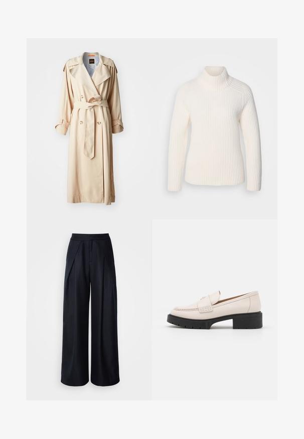 Beige színű trench coat, könnyű anyagból készült, dupla záródású kivitel nagy gombokkal, övvel a deréknál és vállpántokkal a vállakon.; Fehér, bordázott garbós pulóver puha kötött anyagból. Hosszú ujjak jellemzik, karcsú sziluettje van, és magas, felgöngyölt nyakrészével rendelkezik.; Sötét navy színű, széles szárú nadrág sima textúrával, elülső pliszékkel és kényelmes, rugalmas derékkal.; Világos bézs bőrcipők, vart elülső résszel és texturált fekete platform sarkal. Ívelt formatervezés és enyhe emelkedés jellemzi.